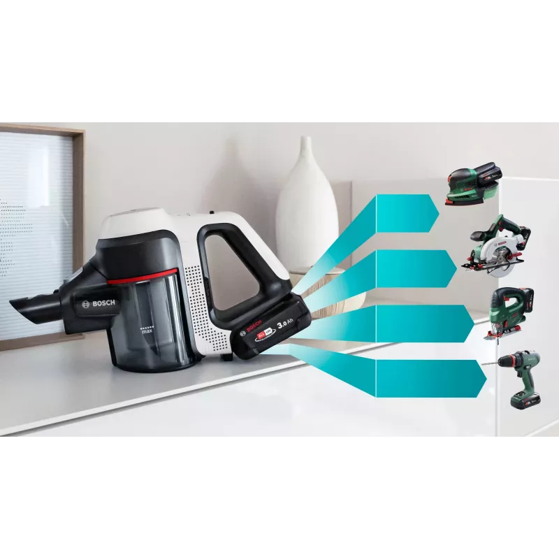 Aspirador de batería Bosch BCS711XXL con cepillo eléctrico, limpieza en seco, sin bolsa, 0,3 l, blanco, 3 Ah