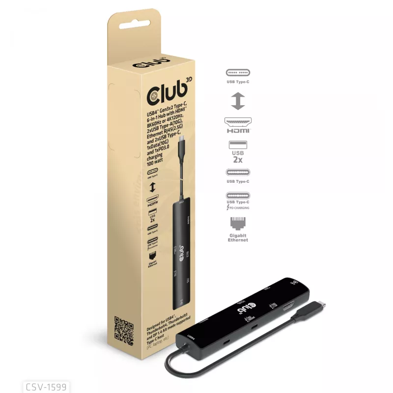 CLUB3D USB4™ Gen3x2 Type-C, hub 6 en 1 con HDMI™ 8K60Hz o 4K120Hz, 2xUSB Type-A(10G), Ethernet RJ45(2.5G) y 2xUSB Type-C, 1x Data(10G) y 1xPD3.0 carga 100 W