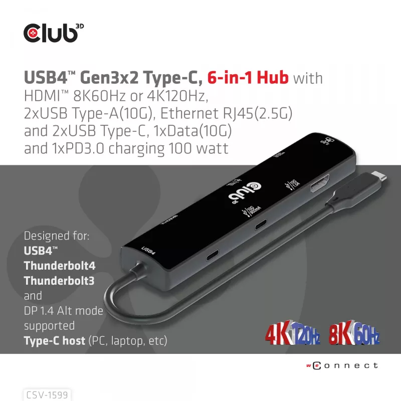 CLUB3D USB4™ Gen3x2 Type-C, hub 6 en 1 con HDMI™ 8K60Hz o 4K120Hz, 2xUSB Type-A(10G), Ethernet RJ45(2.5G) y 2xUSB Type-C, 1x Data(10G) y 1xPD3.0 carga 100 W