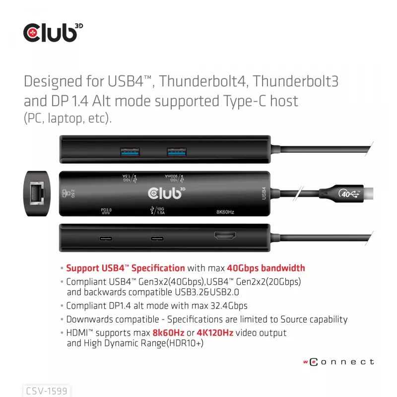 CLUB3D USB4™ Gen3x2 Type-C, hub 6 en 1 con HDMI™ 8K60Hz o 4K120Hz, 2xUSB Type-A(10G), Ethernet RJ45(2.5G) y 2xUSB Type-C, 1x Data(10G) y 1xPD3.0 carga 100 W