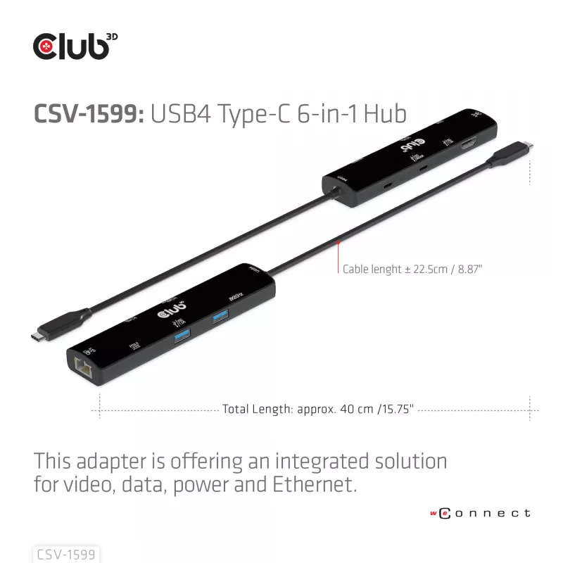 CLUB3D USB4™ Gen3x2 Type-C, hub 6 en 1 con HDMI™ 8K60Hz o 4K120Hz, 2xUSB Type-A(10G), Ethernet RJ45(2.5G) y 2xUSB Type-C, 1x Data(10G) y 1xPD3.0 carga 100 W