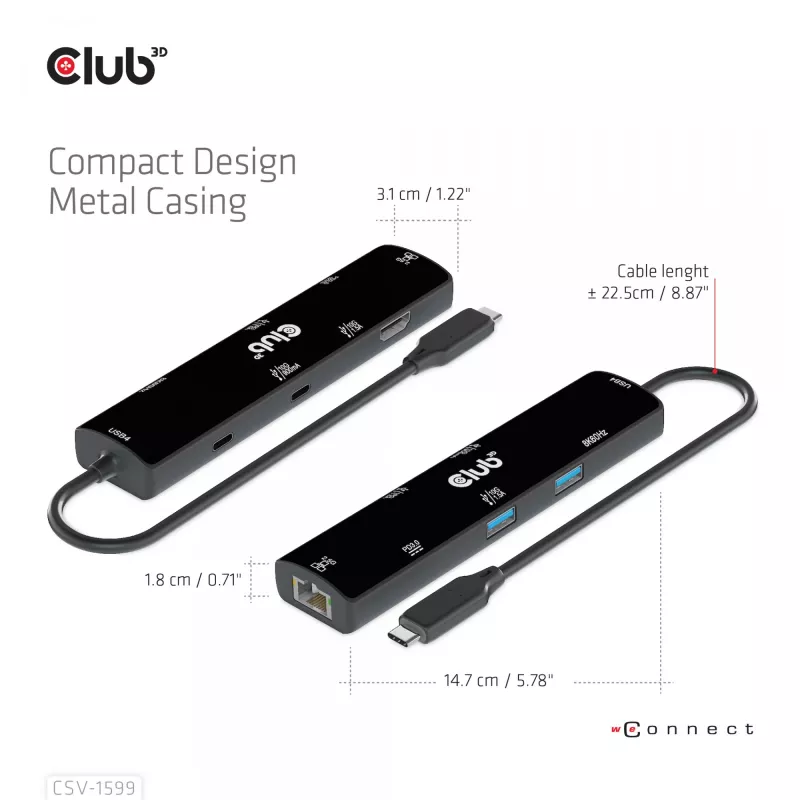 CLUB3D USB4™ Gen3x2 Type-C, hub 6 en 1 con HDMI™ 8K60Hz o 4K120Hz, 2xUSB Type-A(10G), Ethernet RJ45(2.5G) y 2xUSB Type-C, 1x Data(10G) y 1xPD3.0 carga 100 W