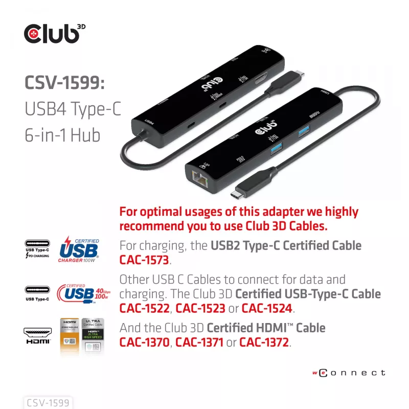CLUB3D USB4™ Gen3x2 Type-C, hub 6 en 1 con HDMI™ 8K60Hz o 4K120Hz, 2xUSB Type-A(10G), Ethernet RJ45(2.5G) y 2xUSB Type-C, 1x Data(10G) y 1xPD3.0 carga 100 W