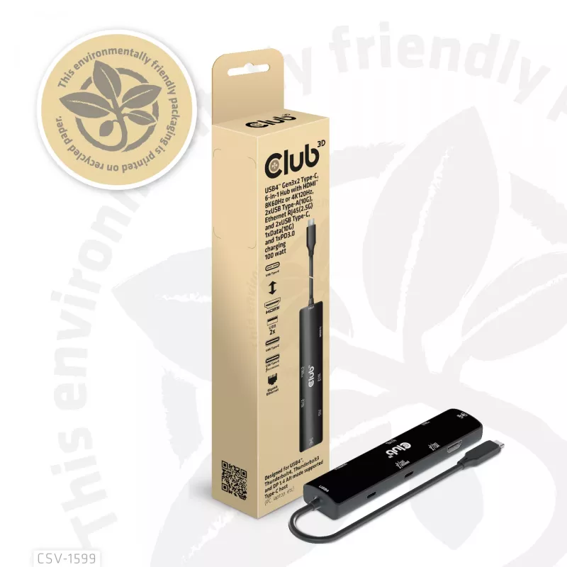 CLUB3D USB4™ Gen3x2 Type-C, hub 6 en 1 con HDMI™ 8K60Hz o 4K120Hz, 2xUSB Type-A(10G), Ethernet RJ45(2.5G) y 2xUSB Type-C, 1x Data(10G) y 1xPD3.0 carga 100 W