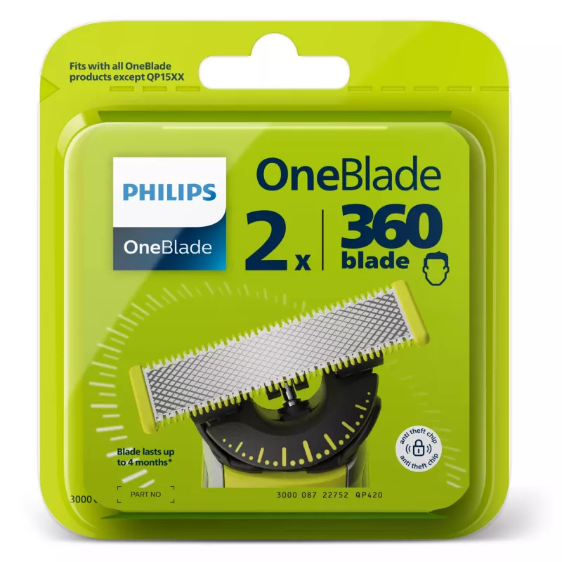 Cabezal de afeitadora Philips Norelco OneBlade QP420/50, plateado, 2 cabezales de repuesto, compatible con Philips OneBlade
