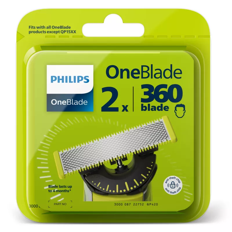 Cabezal de afeitadora Philips Norelco OneBlade QP420/50, plateado, 2 cabezales de repuesto, compatible con Philips OneBlade