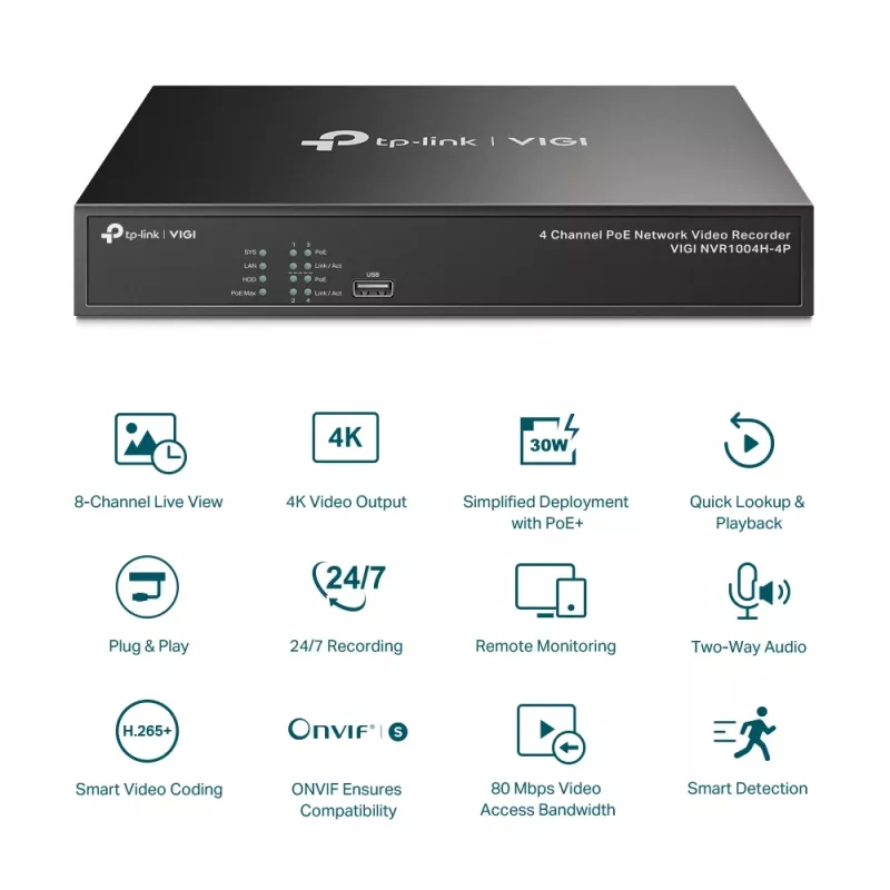 TP-Link VIGI grabador de vídeo en red PoE+ de 4 canales