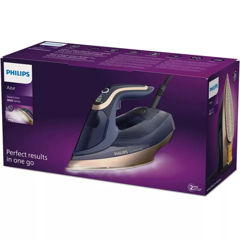 Plancha de vapor Philips Azur 8000 Series DST8050/20 — 3000 W, 0,35 L, suela SteamGlide Elite, 85 g/min vapor continuo, 260 g/min golpe de vapor