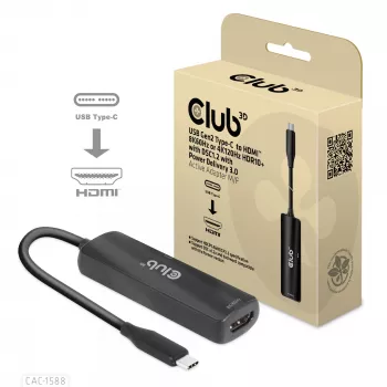 Adaptador activo CLUB3D USB Gen2 Type-C a HDMI™ 8K60Hz o 4K120Hz HDR10+ con DSC1.2 con Power Delivery 3.0 M/H