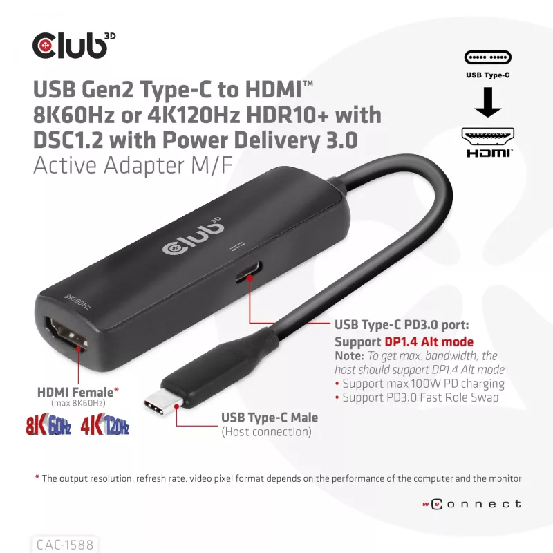Adaptador activo CLUB3D USB Gen2 Type-C a HDMI™ 8K60Hz o 4K120Hz HDR10+ con DSC1.2 con Power Delivery 3.0 M/H