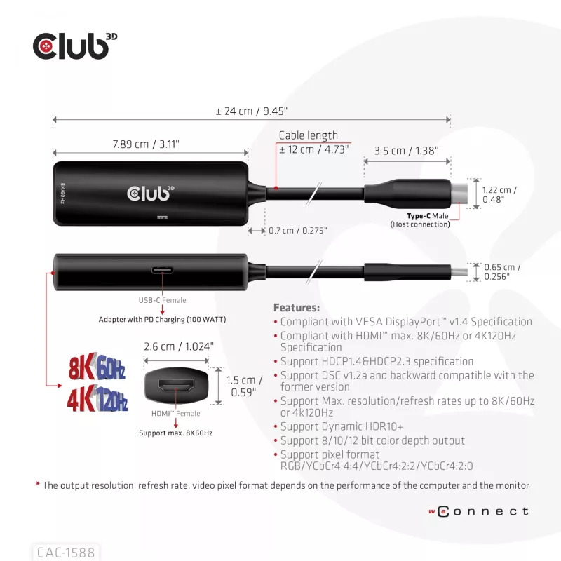 Adaptador activo CLUB3D USB Gen2 Type-C a HDMI™ 8K60Hz o 4K120Hz HDR10+ con DSC1.2 con Power Delivery 3.0 M/H