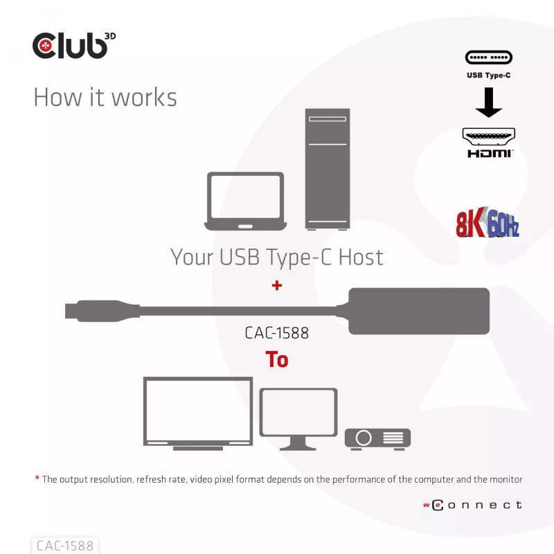 Adaptador activo CLUB3D USB Gen2 Type-C a HDMI™ 8K60Hz o 4K120Hz HDR10+ con DSC1.2 con Power Delivery 3.0 M/H