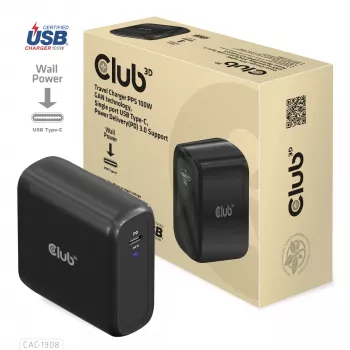 Cargador de viaje CLUB3D 100 vatios tecnología GaN, certificado USB-IF TID, conector único USB Type-C, compatible con Power Delivery(PD) 3.0