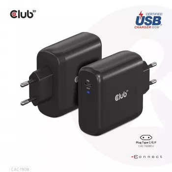 Cargador de viaje CLUB3D 100 vatios tecnología GaN, certificado USB-IF TID, conector único USB Type-C, compatible con Power Delivery(PD) 3.0