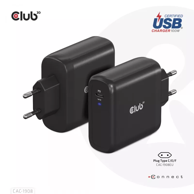 Cargador de viaje CLUB3D 100 vatios tecnología GaN, certificado USB-IF TID, conector único USB Type-C, compatible con Power Delivery(PD) 3.0
