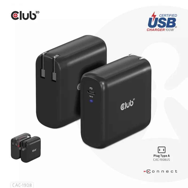 Cargador de viaje CLUB3D 100 vatios tecnología GaN, certificado USB-IF TID, conector único USB Type-C, compatible con Power Delivery(PD) 3.0