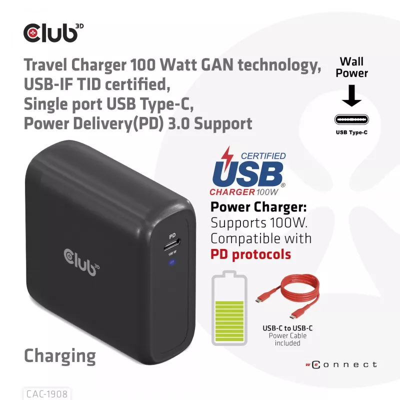 Cargador de viaje CLUB3D 100 vatios tecnología GaN, certificado USB-IF TID, conector único USB Type-C, compatible con Power Delivery(PD) 3.0