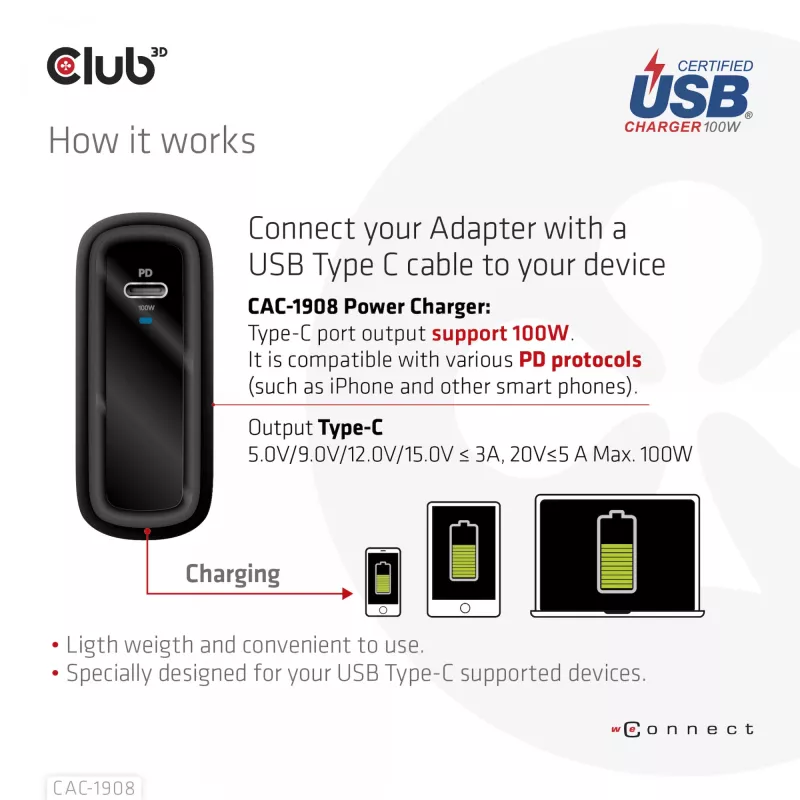 Cargador de viaje CLUB3D 100 vatios tecnología GaN, certificado USB-IF TID, conector único USB Type-C, compatible con Power Delivery(PD) 3.0