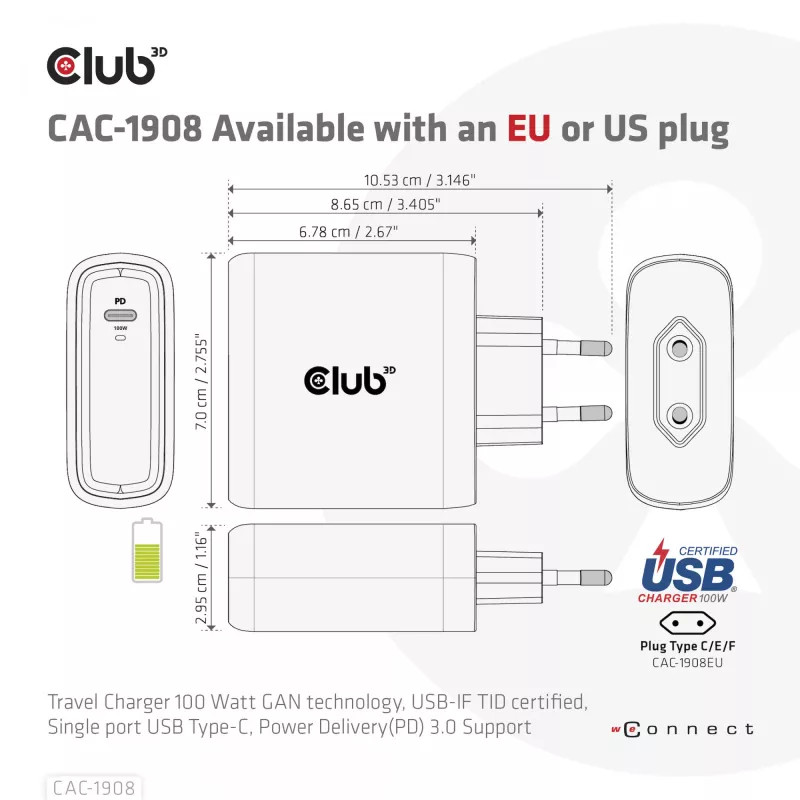 Cargador de viaje CLUB3D 100 vatios tecnología GaN, certificado USB-IF TID, conector único USB Type-C, compatible con Power Delivery(PD) 3.0