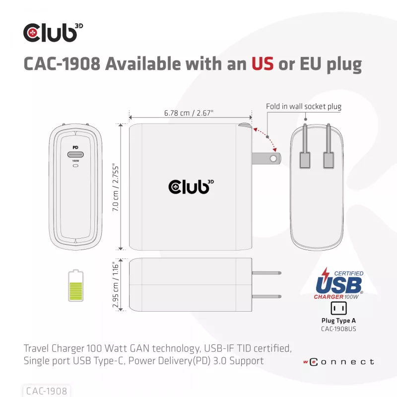 Cargador de viaje CLUB3D 100 vatios tecnología GaN, certificado USB-IF TID, conector único USB Type-C, compatible con Power Delivery(PD) 3.0