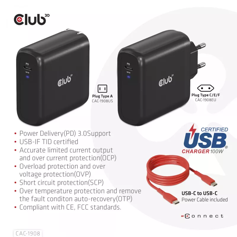 Cargador de viaje CLUB3D 100 vatios tecnología GaN, certificado USB-IF TID, conector único USB Type-C, compatible con Power Delivery(PD) 3.0