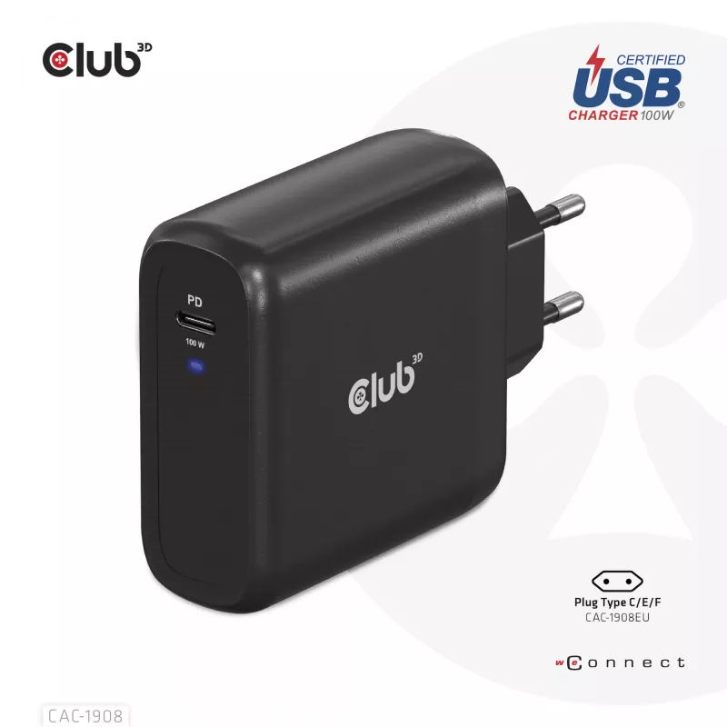 Cargador de viaje CLUB3D 100 vatios tecnología GaN, certificado USB-IF TID, conector único USB Type-C, compatible con Power Delivery(PD) 3.0