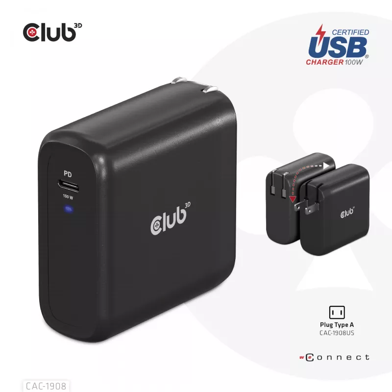 Cargador de viaje CLUB3D 100 vatios tecnología GaN, certificado USB-IF TID, conector único USB Type-C, compatible con Power Delivery(PD) 3.0