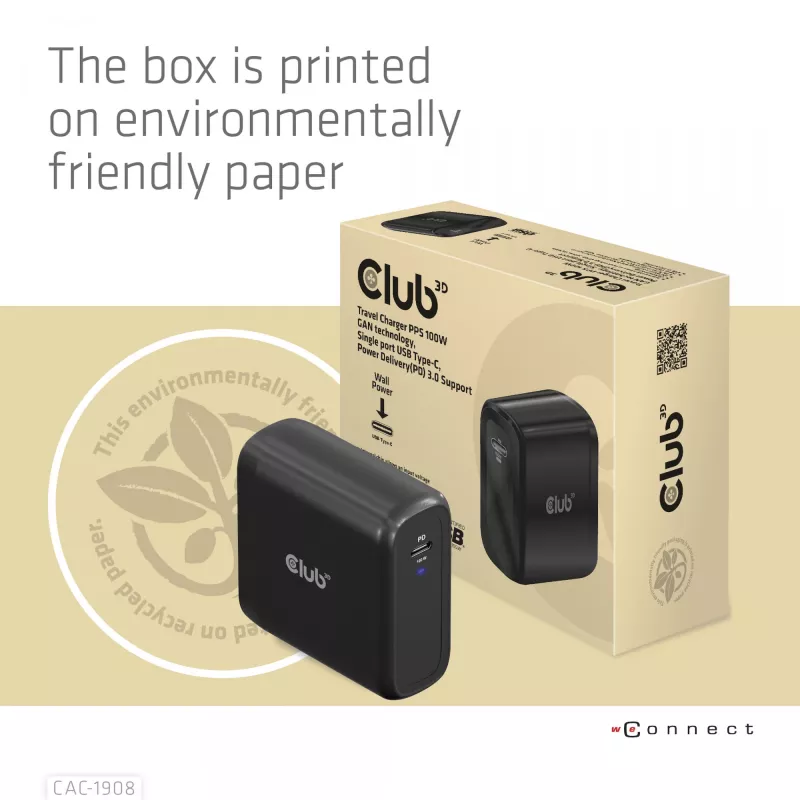 Cargador de viaje CLUB3D 100 vatios tecnología GaN, certificado USB-IF TID, conector único USB Type-C, compatible con Power Delivery(PD) 3.0