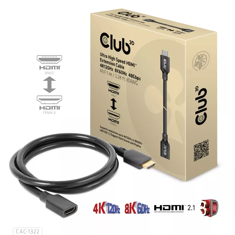 Club 3D CAC-1322 cable alargador Ultra High Speed HDMI 2.1, 4K, macho/hembra, 1 m, negro