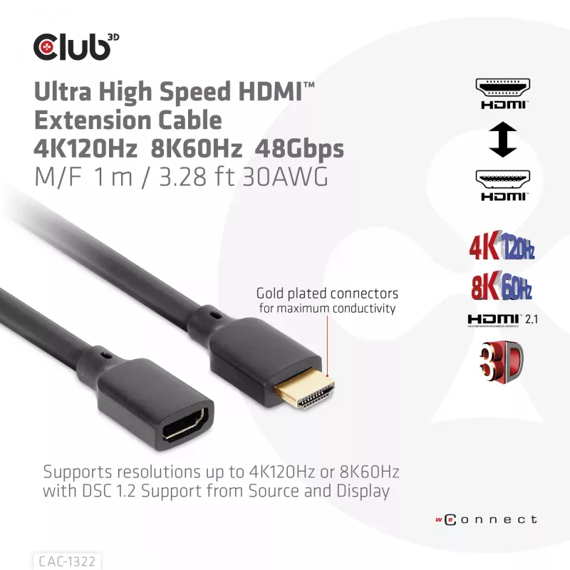 Club 3D CAC-1322 cable alargador Ultra High Speed HDMI 2.1, 4K, macho/hembra, 1 m, negro