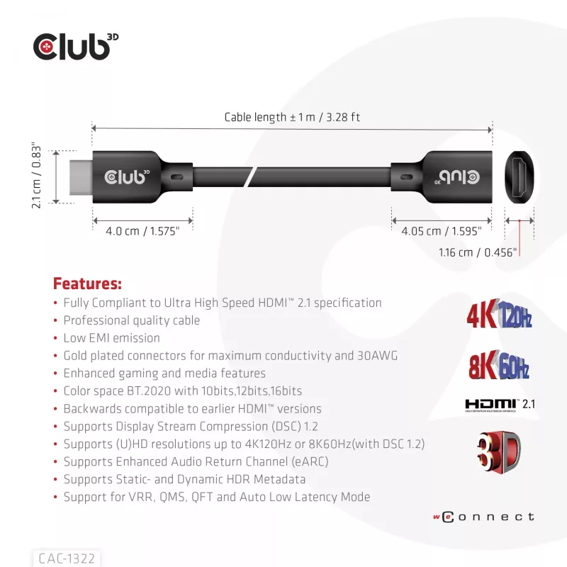 Club 3D CAC-1322 cable alargador Ultra High Speed HDMI 2.1, 4K, macho/hembra, 1 m, negro