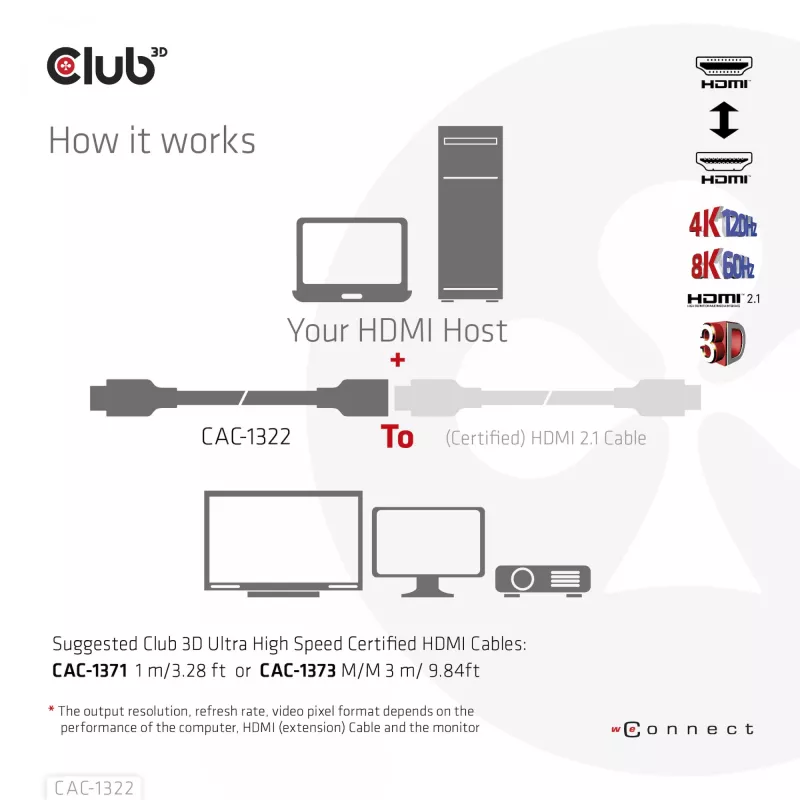 Club 3D CAC-1322 cable alargador Ultra High Speed HDMI 2.1, 4K, macho/hembra, 1 m, negro