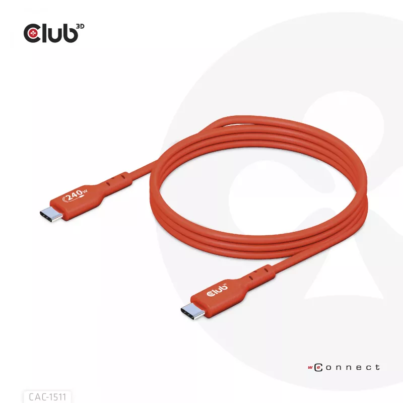 Club 3D CAC-1511 cable USB2 Type-C bidireccional certificado USB-IF, datos 480 Mb, PD 240 W (48 V/5 A) EPR, macho/macho, 1 m