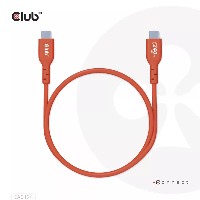 Club 3D CAC-1511 cable USB2 Type-C bidireccional certificado USB-IF, datos 480 Mb, PD 240 W (48 V/5 A) EPR, macho/macho, 1 m