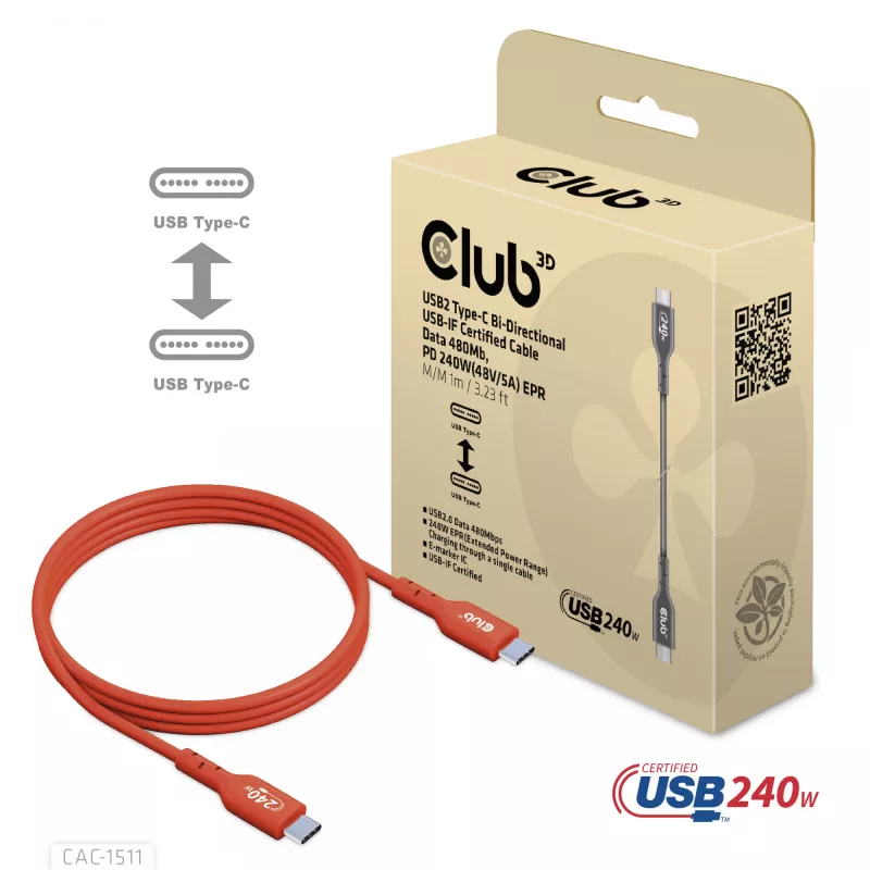 Club 3D CAC-1511 cable USB2 Type-C bidireccional certificado USB-IF, datos 480 Mb, PD 240 W (48 V/5 A) EPR, macho/macho, 1 m