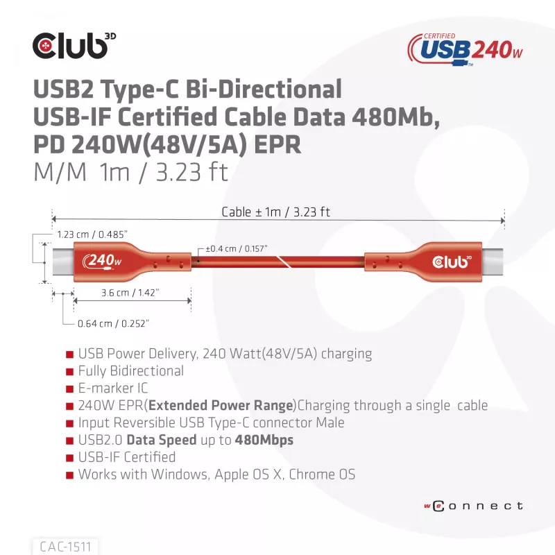 Club 3D CAC-1511 cable USB2 Type-C bidireccional certificado USB-IF, datos 480 Mb, PD 240 W (48 V/5 A) EPR, macho/macho, 1 m