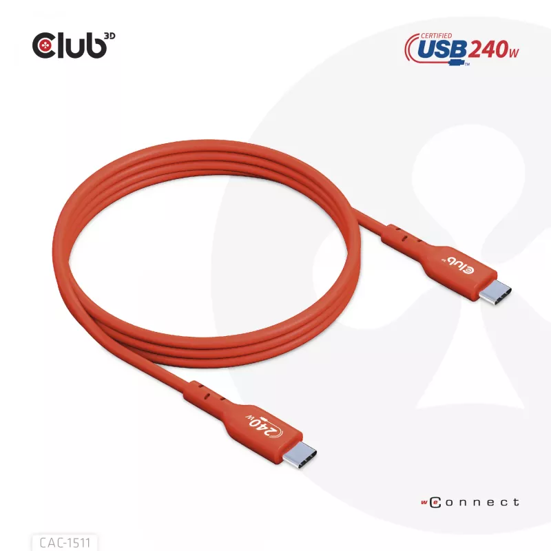 Club 3D CAC-1511 cable USB2 Type-C bidireccional certificado USB-IF, datos 480 Mb, PD 240 W (48 V/5 A) EPR, macho/macho, 1 m