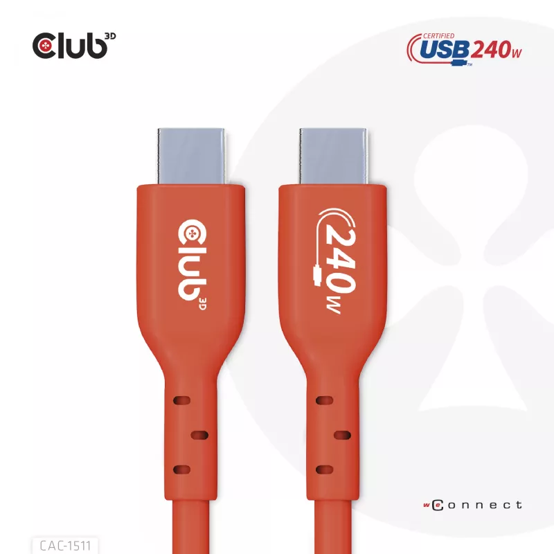 Club 3D CAC-1511 cable USB2 Type-C bidireccional certificado USB-IF, datos 480 Mb, PD 240 W (48 V/5 A) EPR, macho/macho, 1 m
