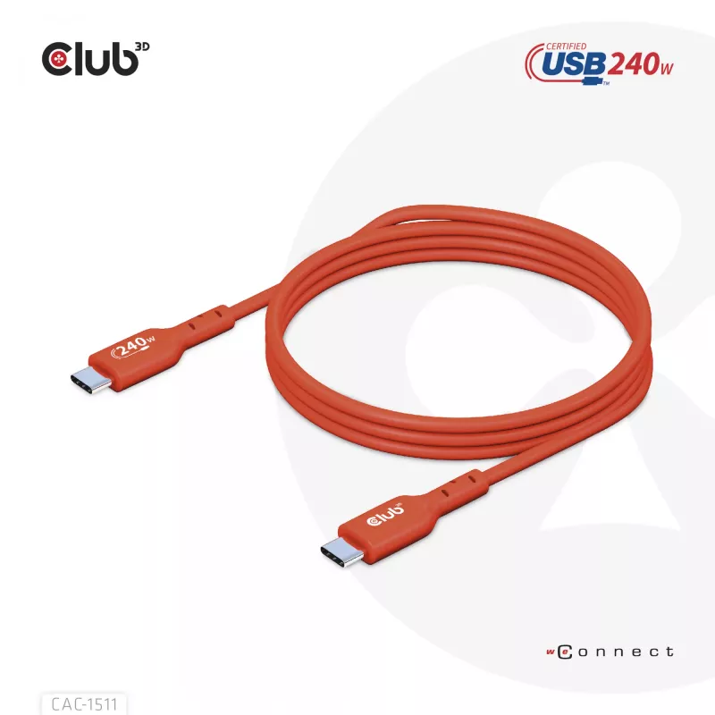Club 3D CAC-1511 cable USB2 Type-C bidireccional certificado USB-IF, datos 480 Mb, PD 240 W (48 V/5 A) EPR, macho/macho, 1 m