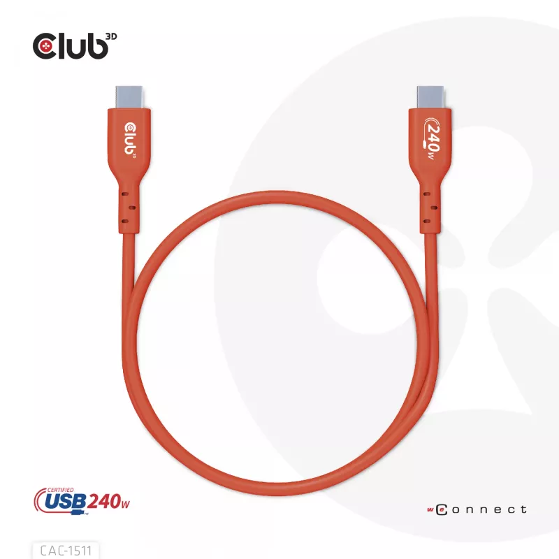 Club 3D CAC-1511 cable USB2 Type-C bidireccional certificado USB-IF, datos 480 Mb, PD 240 W (48 V/5 A) EPR, macho/macho, 1 m