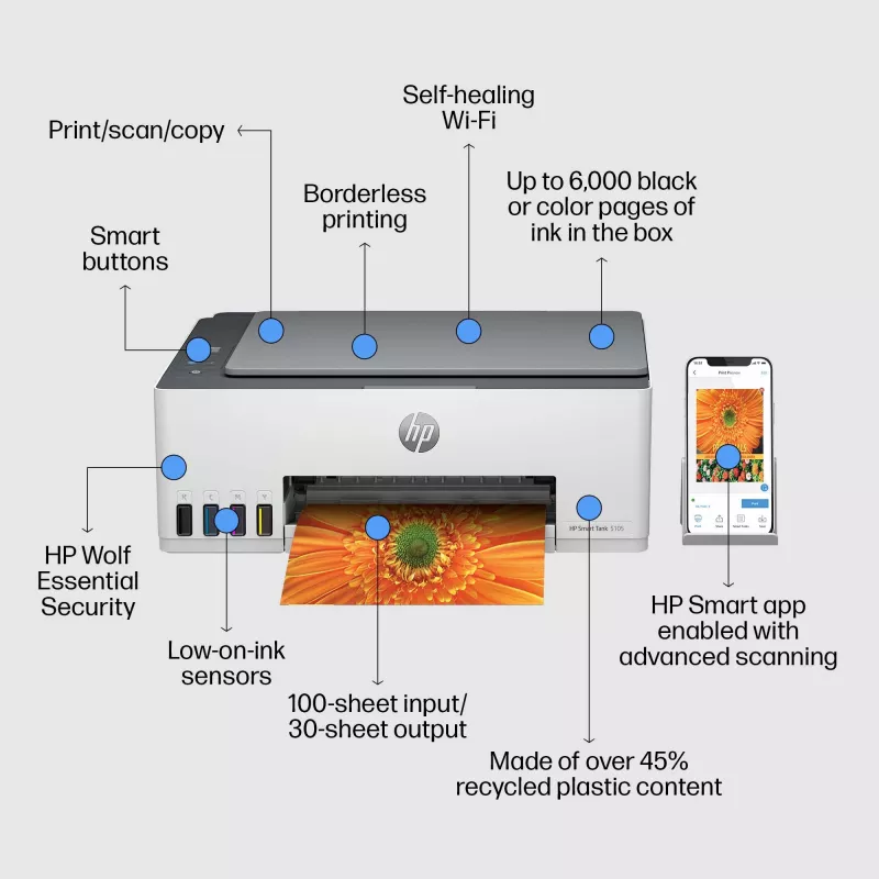 Impresora multifunción en color HP Smart Tank 5105 inalámbrica, copiadora, escáner