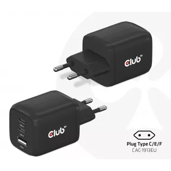 Cargador de viaje CLUB3D PPS 65W tecnología GAN, triple conexión (2x USB Type-C + USB Type-A) compatible con Power Delivery (PD) 3.0