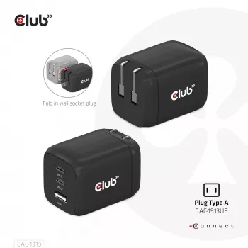 Cargador de viaje CLUB3D PPS 65W tecnología GAN, triple conexión (2x USB Type-C + USB Type-A) compatible con Power Delivery (PD) 3.0