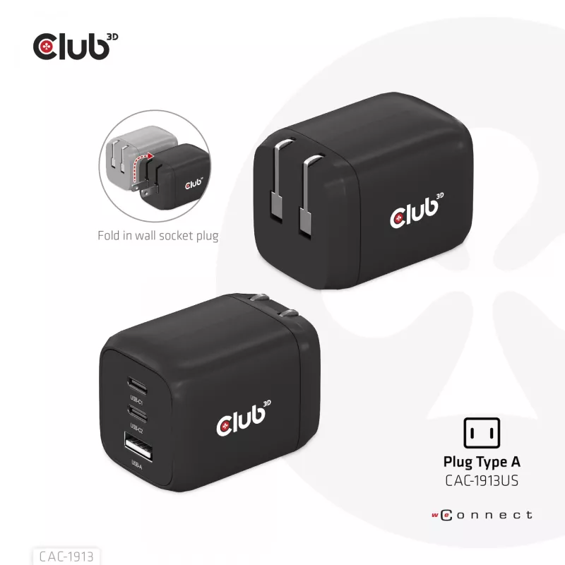 Cargador de viaje CLUB3D PPS 65W tecnología GAN, triple conexión (2x USB Type-C + USB Type-A) compatible con Power Delivery (PD) 3.0