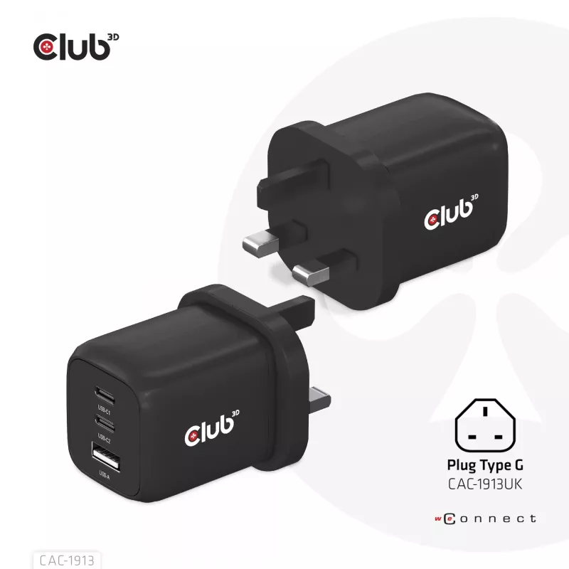 Cargador de viaje CLUB3D PPS 65W tecnología GAN, triple conexión (2x USB Type-C + USB Type-A) compatible con Power Delivery (PD) 3.0