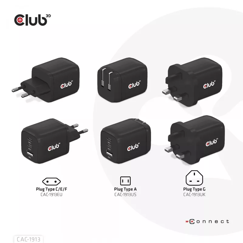 Cargador de viaje CLUB3D PPS 65W tecnología GAN, triple conexión (2x USB Type-C + USB Type-A) compatible con Power Delivery (PD) 3.0