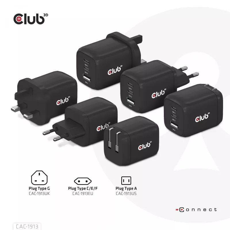 Cargador de viaje CLUB3D PPS 65W tecnología GAN, triple conexión (2x USB Type-C + USB Type-A) compatible con Power Delivery (PD) 3.0