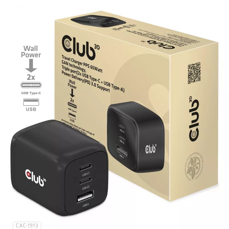 Cargador de viaje CLUB3D PPS 65W tecnología GAN, triple conexión (2x USB Type-C + USB Type-A) compatible con Power Delivery (PD) 3.0