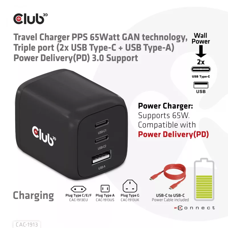 Cargador de viaje CLUB3D PPS 65W tecnología GAN, triple conexión (2x USB Type-C + USB Type-A) compatible con Power Delivery (PD) 3.0