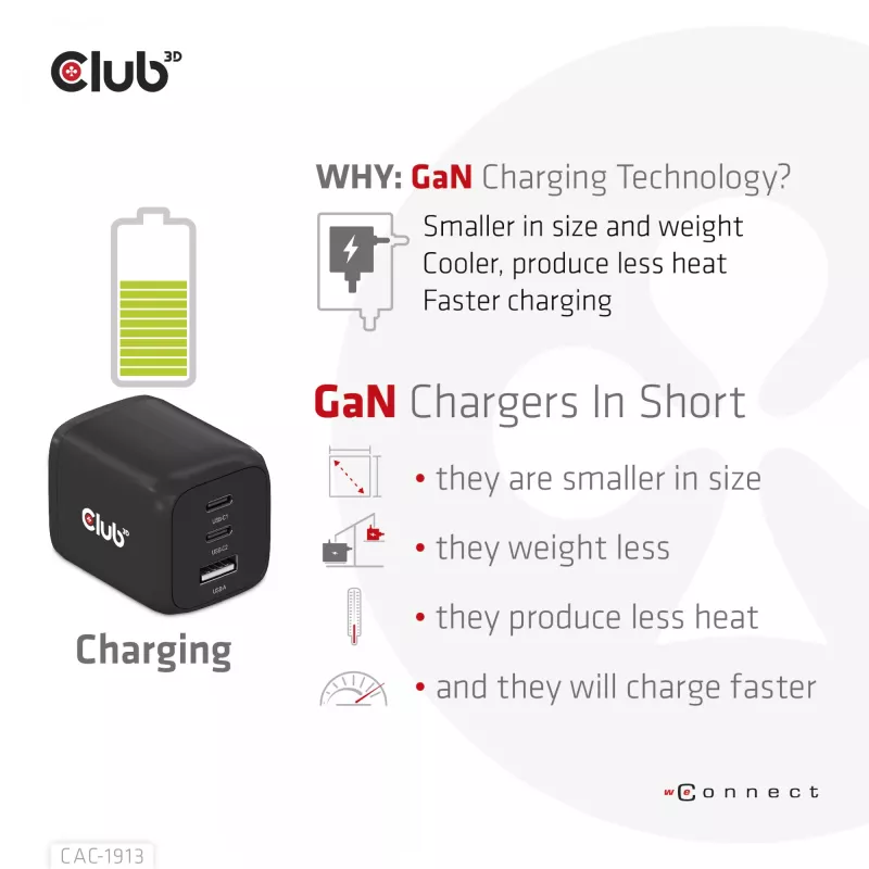 Cargador de viaje CLUB3D PPS 65W tecnología GAN, triple conexión (2x USB Type-C + USB Type-A) compatible con Power Delivery (PD) 3.0
